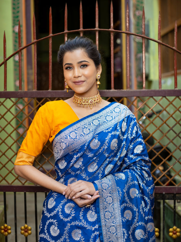German Blue Mashru Kataan Silk Banarasi Saree