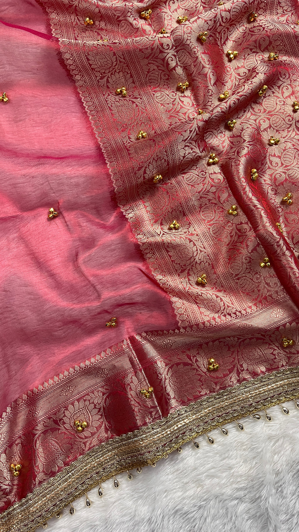 Red Tissue Silk Saree With Golden Ghungroo Butti Work & Luxury Lace Border