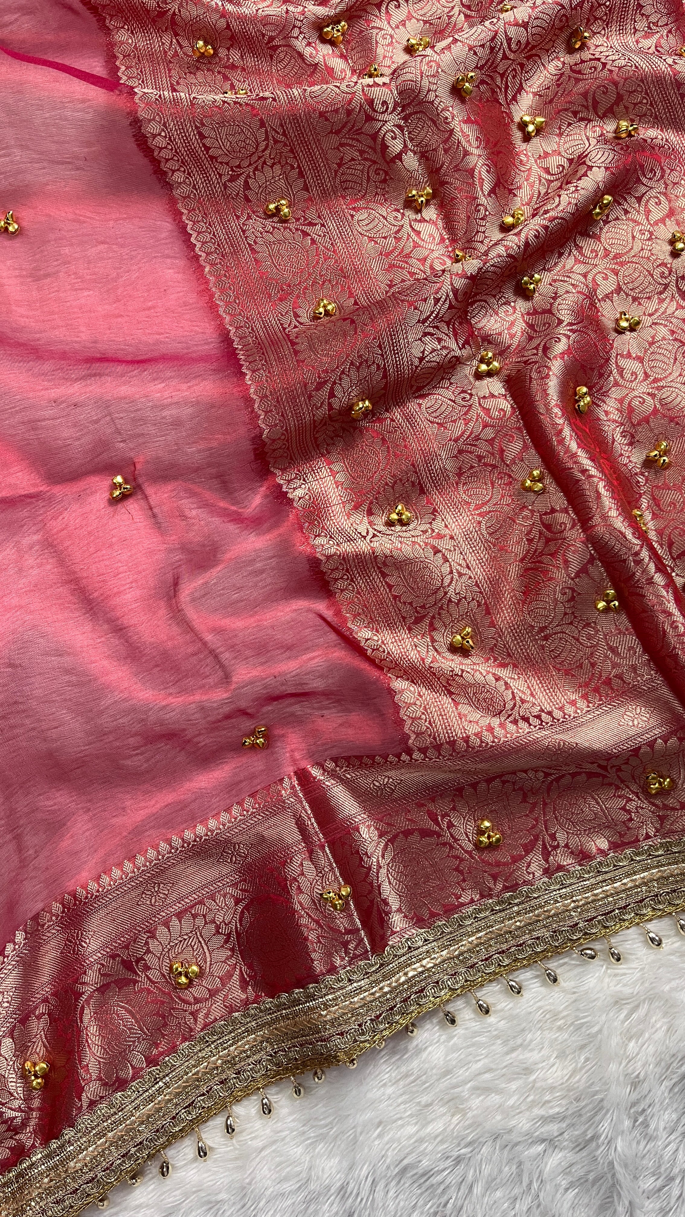 Red Tissue Silk Saree With Golden Ghungroo Butti Work & Luxury Lace Border