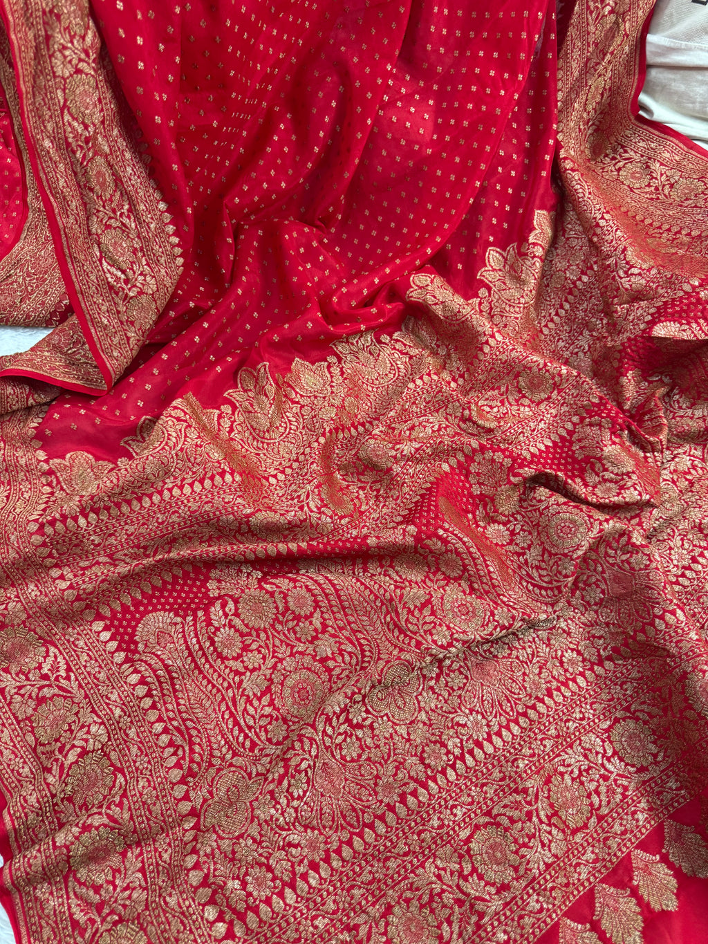 Red Pure Khaddi Crep Silk Banarasi Saree
