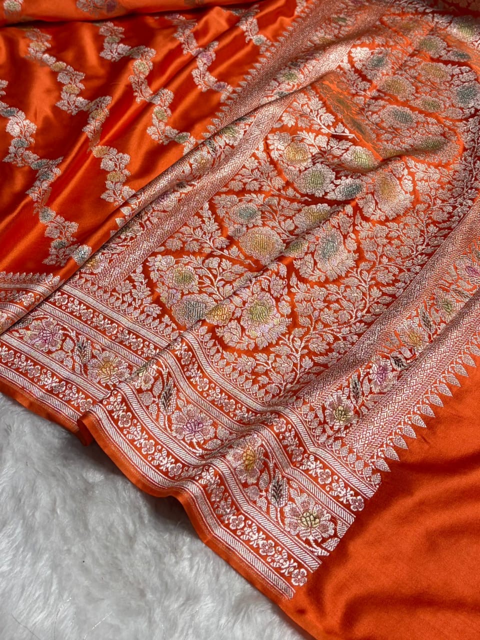 Orange Meenakri Mashru Katan Silk Banarasi Saree