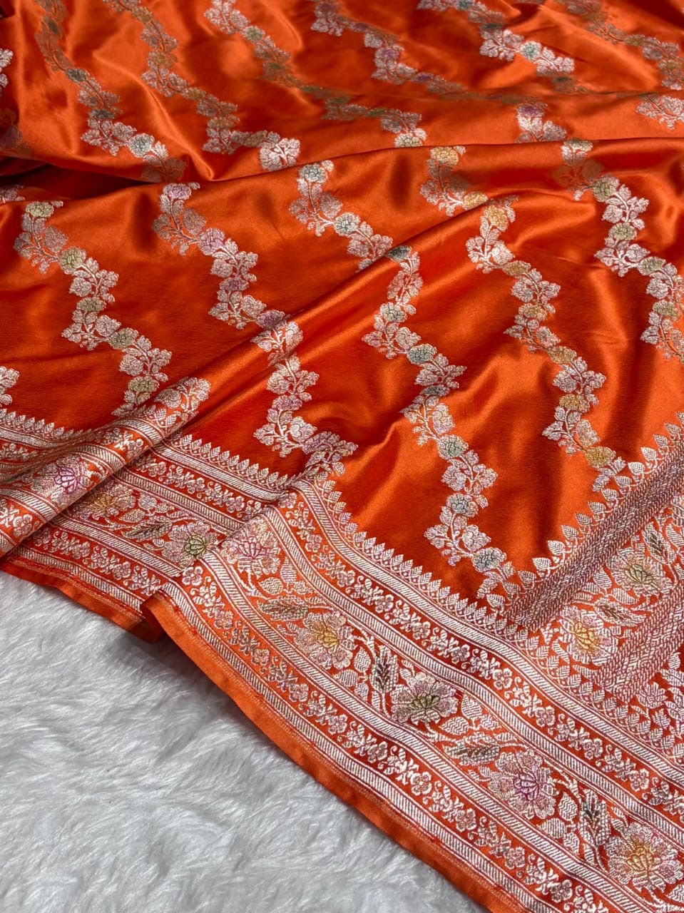 Orange Meenakri Mashru Katan Silk Banarasi Saree