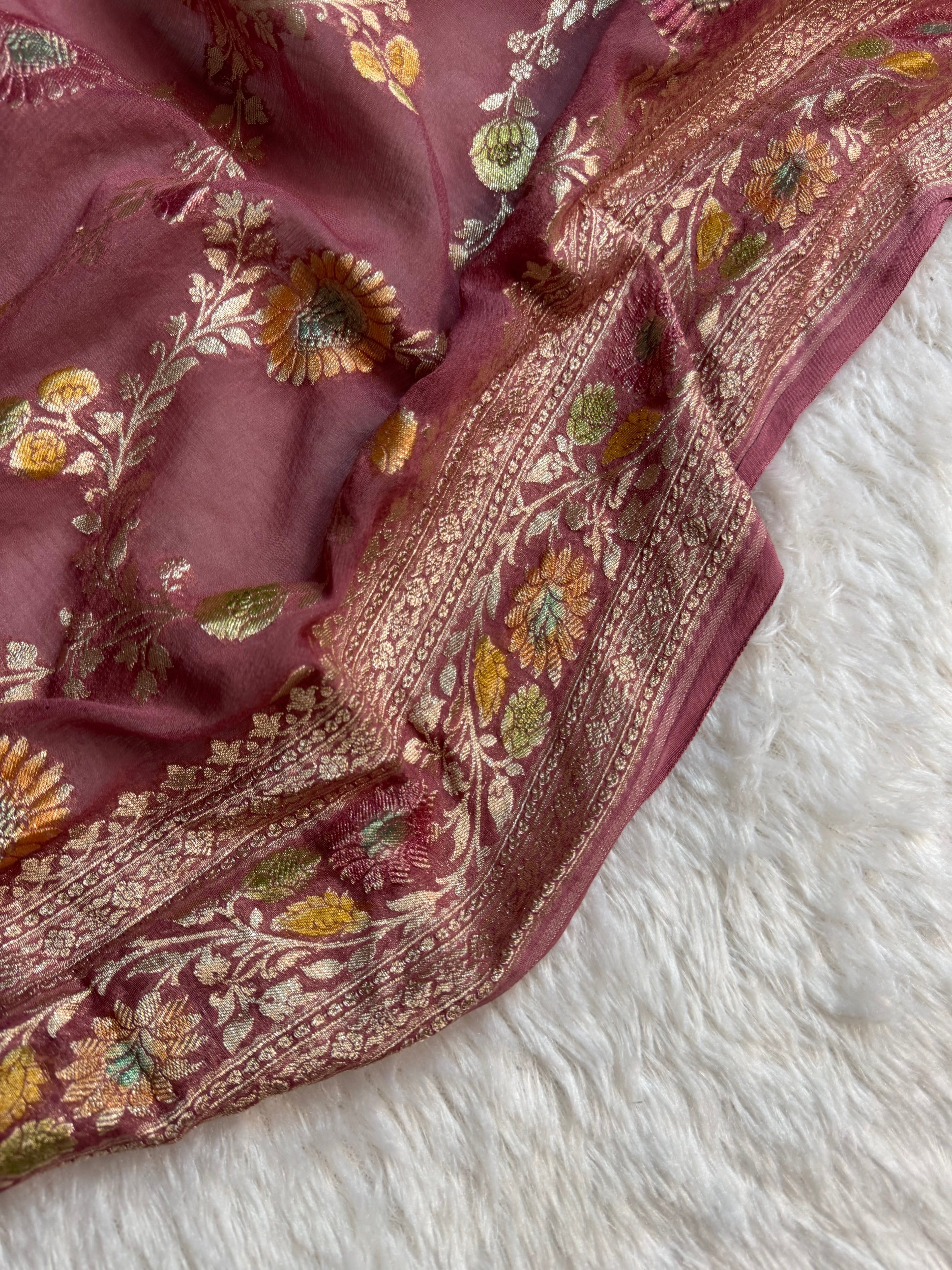 Pastels Handbrush Meenakari Pure Khaddi Georgette Silk Banarasi Saree