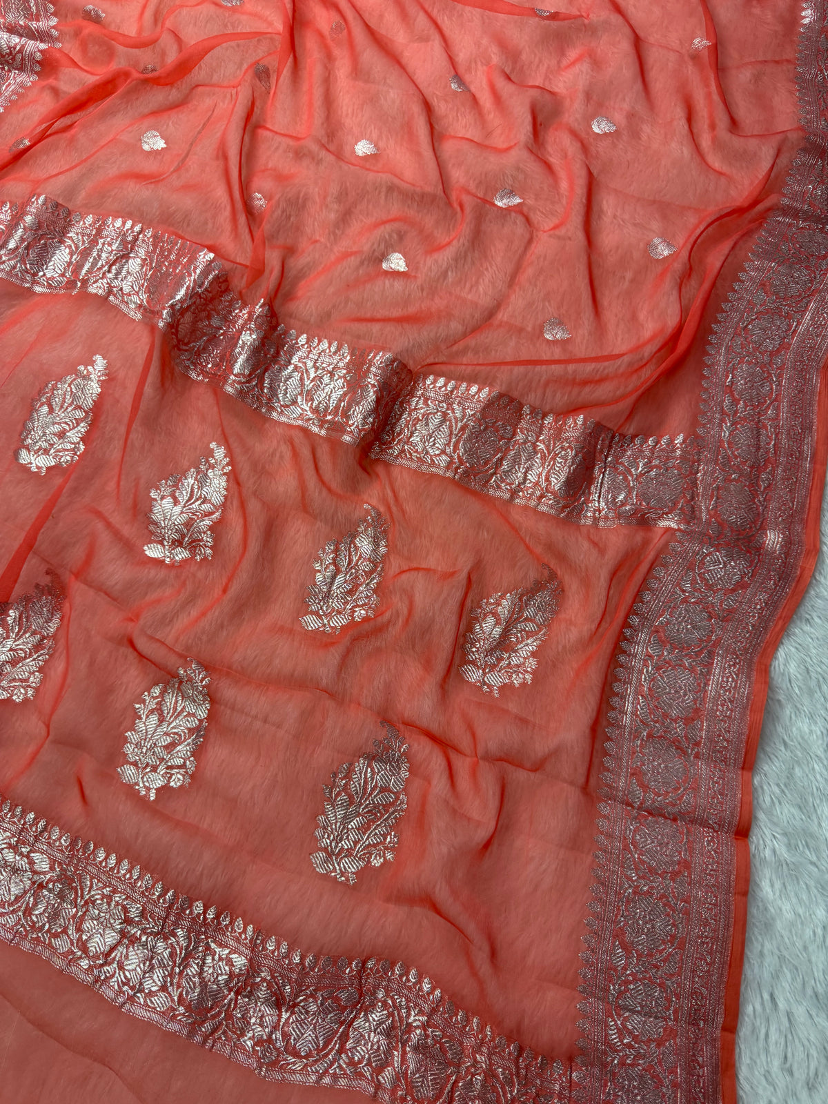 Coral Peach Pure Khaddi Chiffon Silk Banarasi Saree