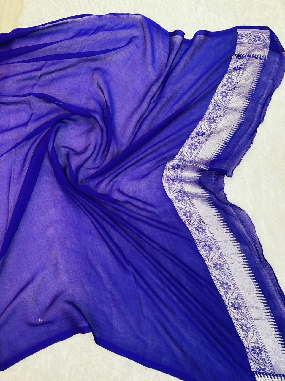 Blue Pure Tusser Georgette With Floral Meenakari Jall Banarasi Saree
