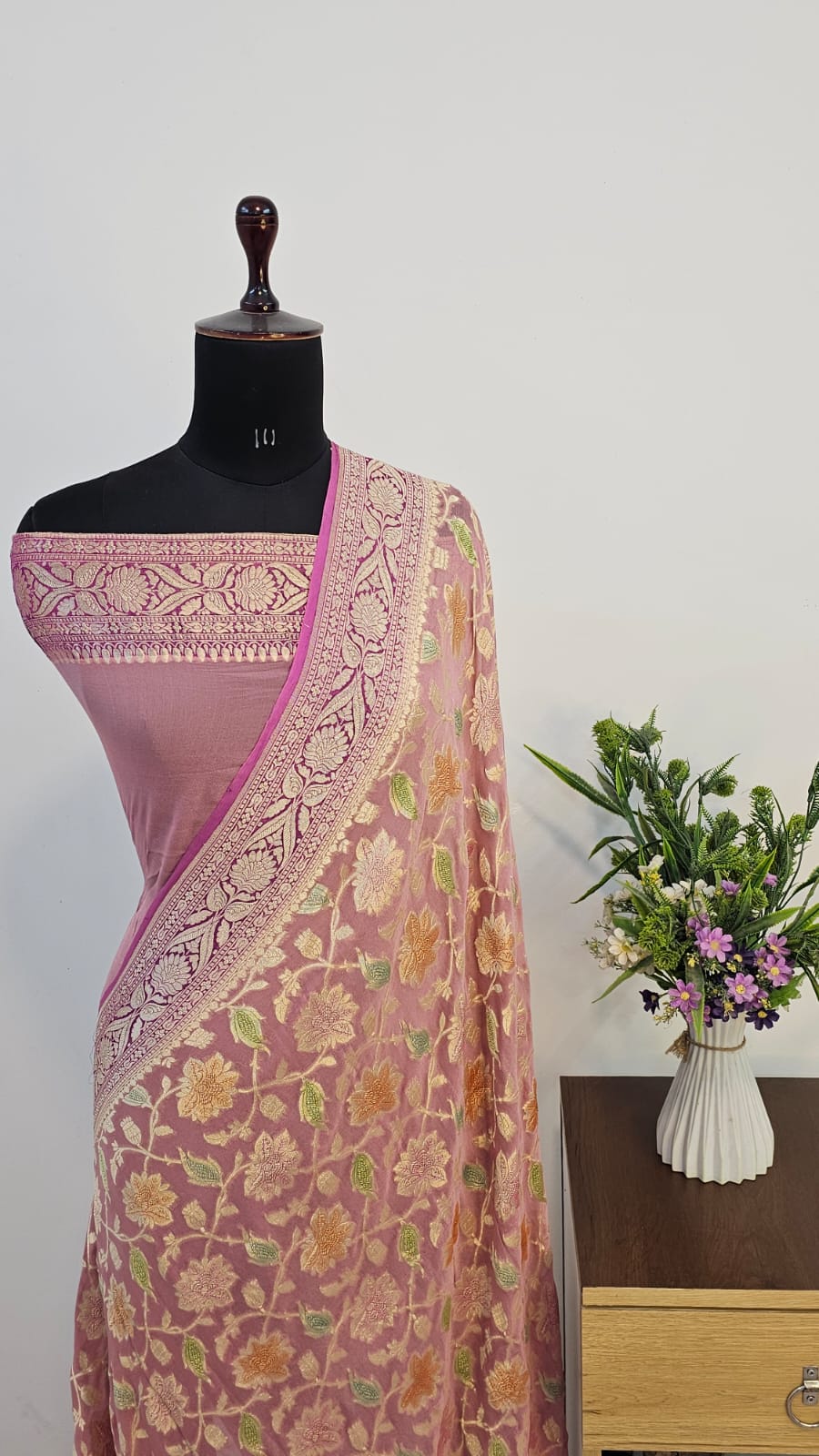 Mauve Pink Handbrush Meenakari Pure Khaddi Georgette Silk Banarasi Saree