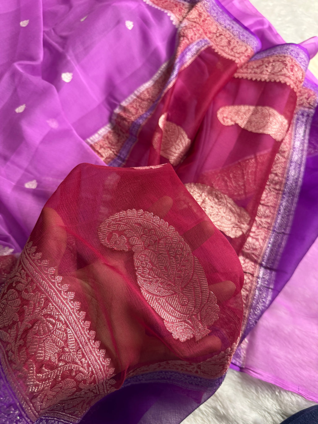 Lavender Pure Khaddi Chiffon Silk Banarasi 3d Saree