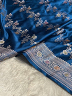 Deep Teal Blue Meenakari Mashru Katan Silk Banarasi Saree