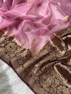 Dusty Rose Pink & Dark Brown Pure Kora Organza Silk Banarasi Saree