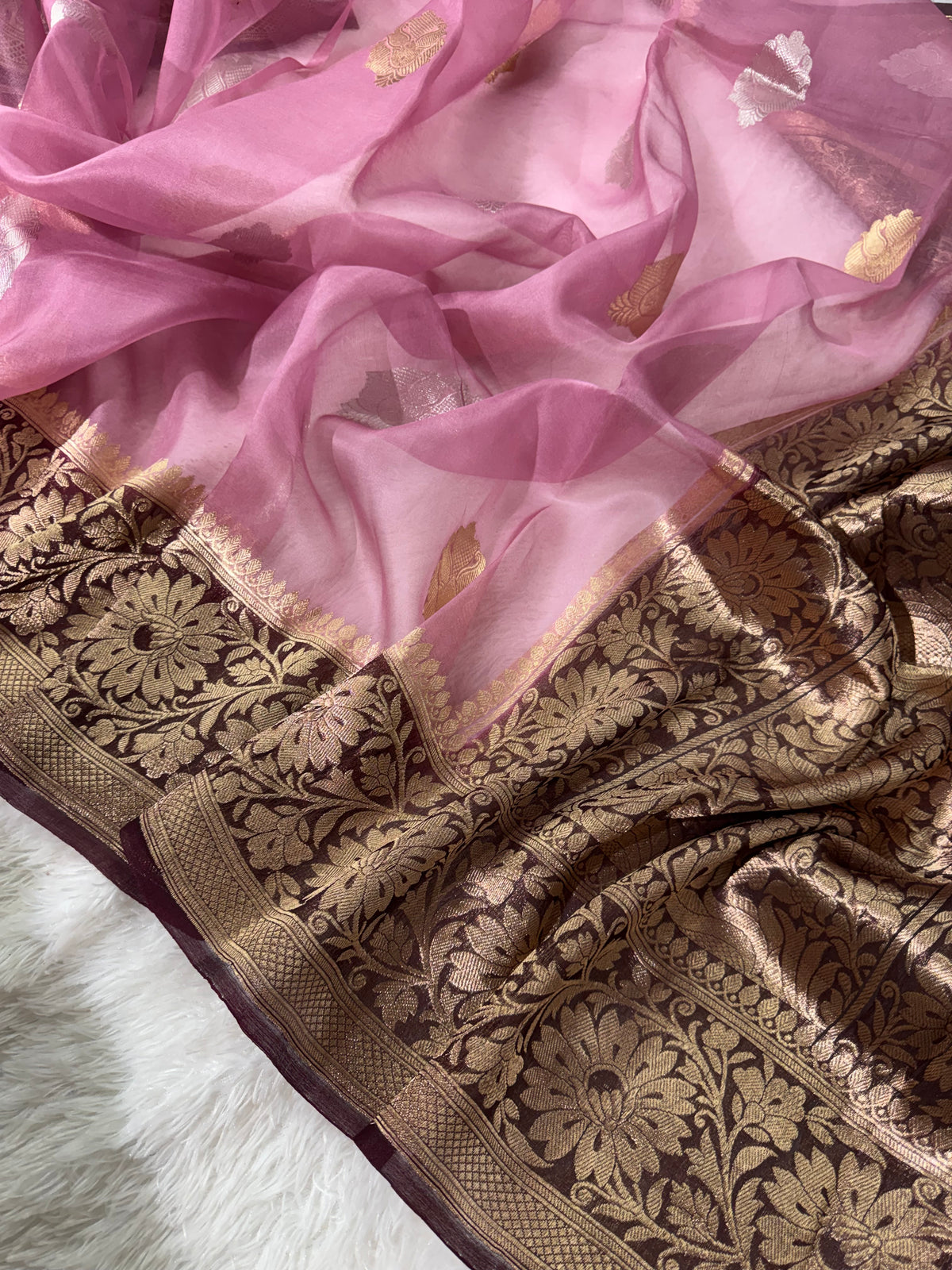 Dusty Rose Pink & Dark Brown Pure Kora Organza Silk Banarasi Saree
