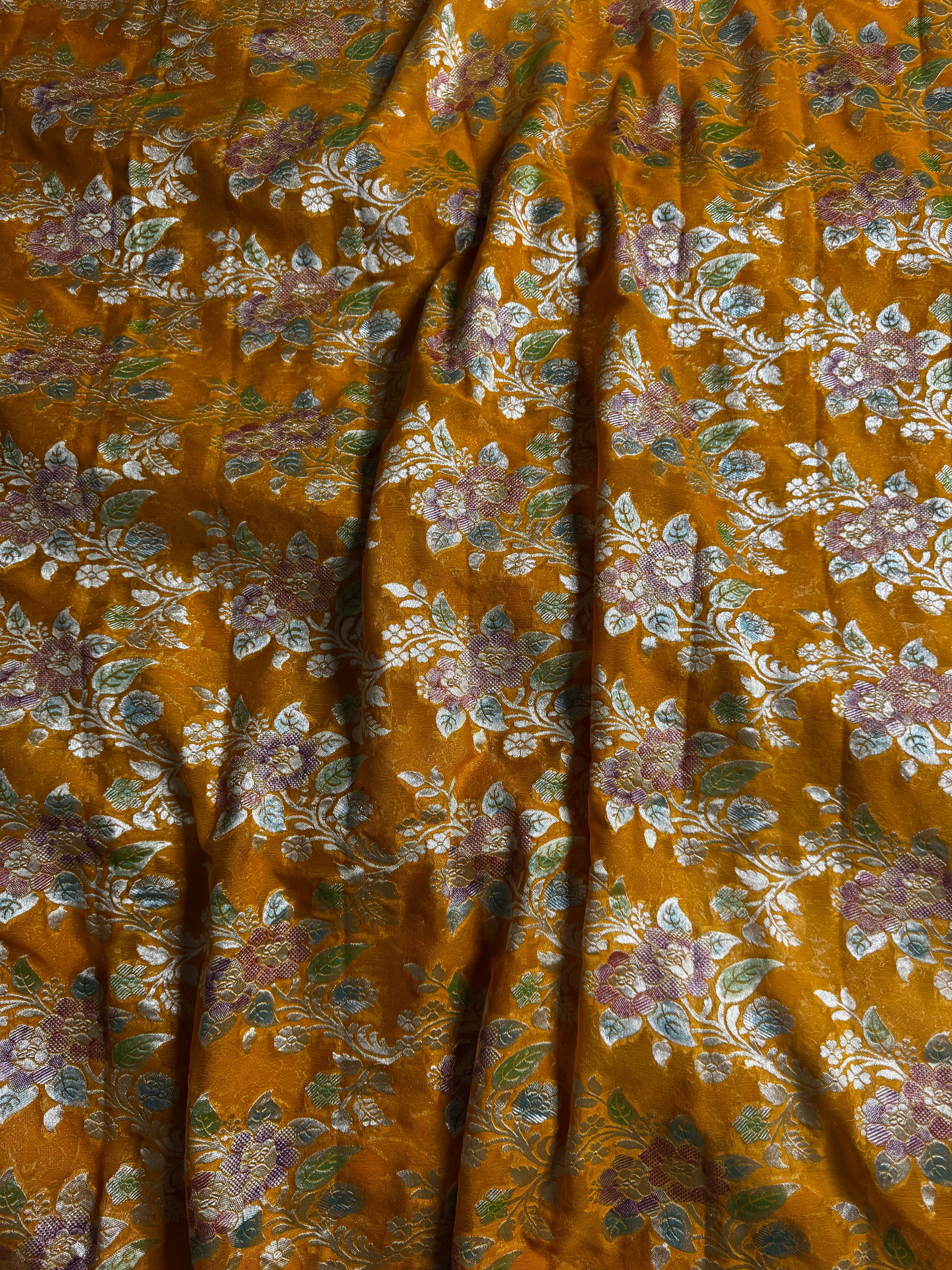 Mustard Yellow Handbrush Pure Khaddi Georgette Silk Banarasi Saree