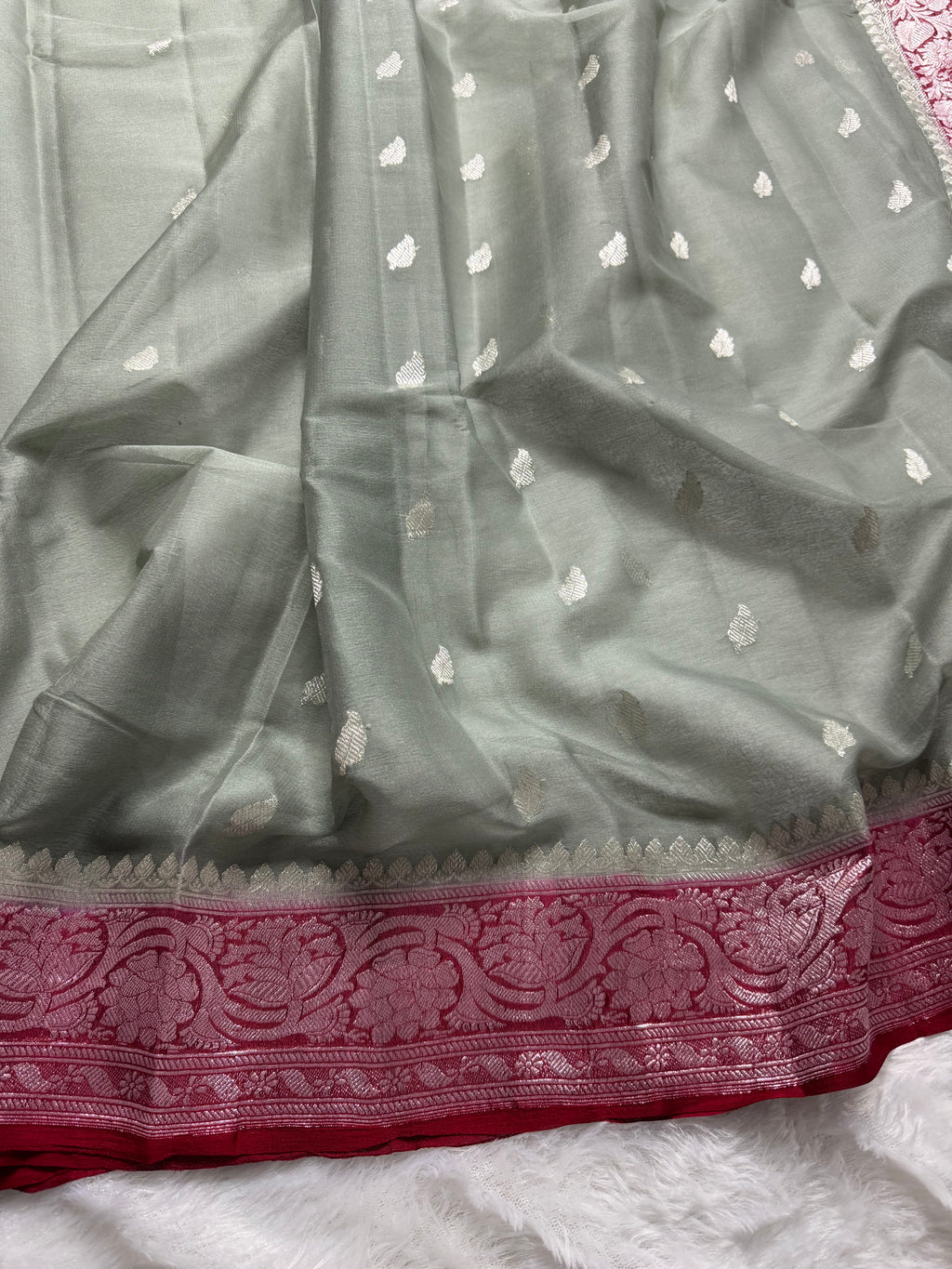 Grey & Red Pure Khaddi Chiffon Silk Banarasi Saree