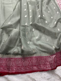 Grey & Red Pure Khaddi Chiffon Silk Banarasi Saree