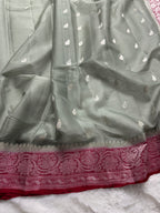 Grey & Red Pure Khaddi Chiffon Silk Banarasi Saree
