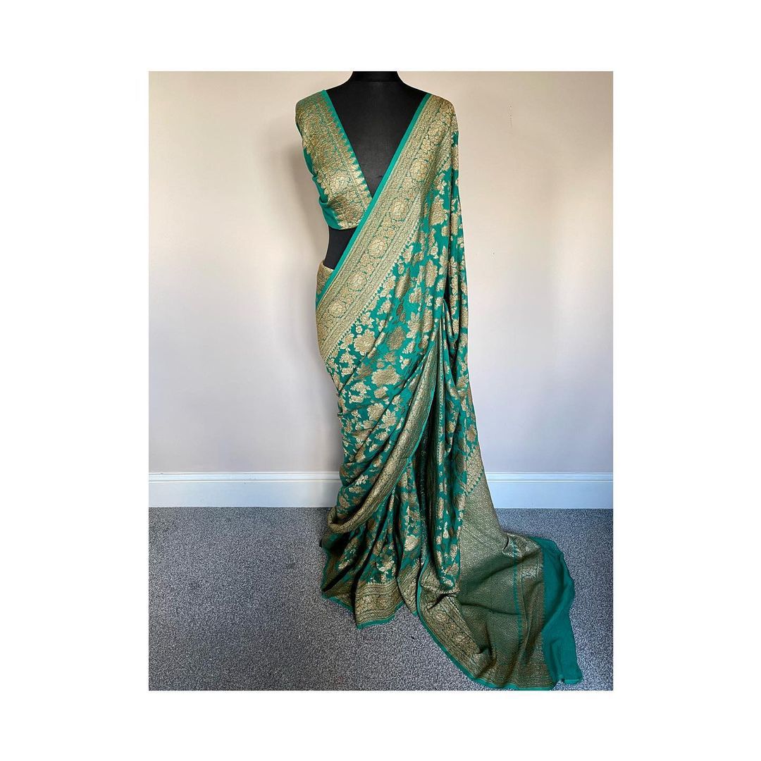 Teal Green Pure Khaddi Georgette Silk Banarasi Saree