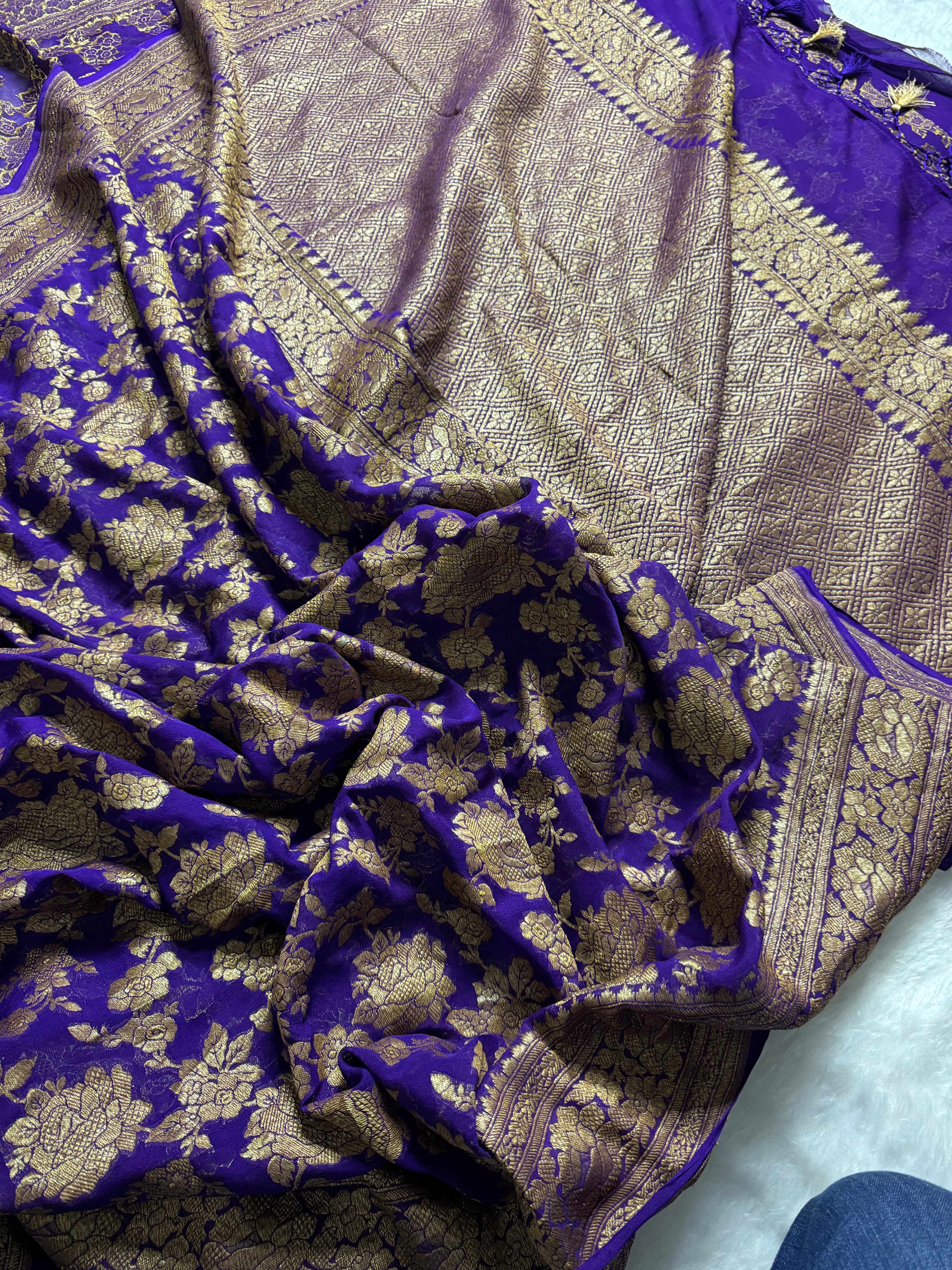 Purple Pure Khaddi Georgette Silk Banarasi Jall Saree