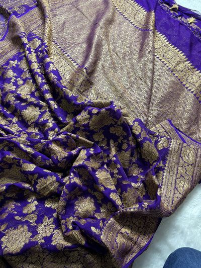 Purple Pure Khaddi Georgette Silk Banarasi Jall Saree