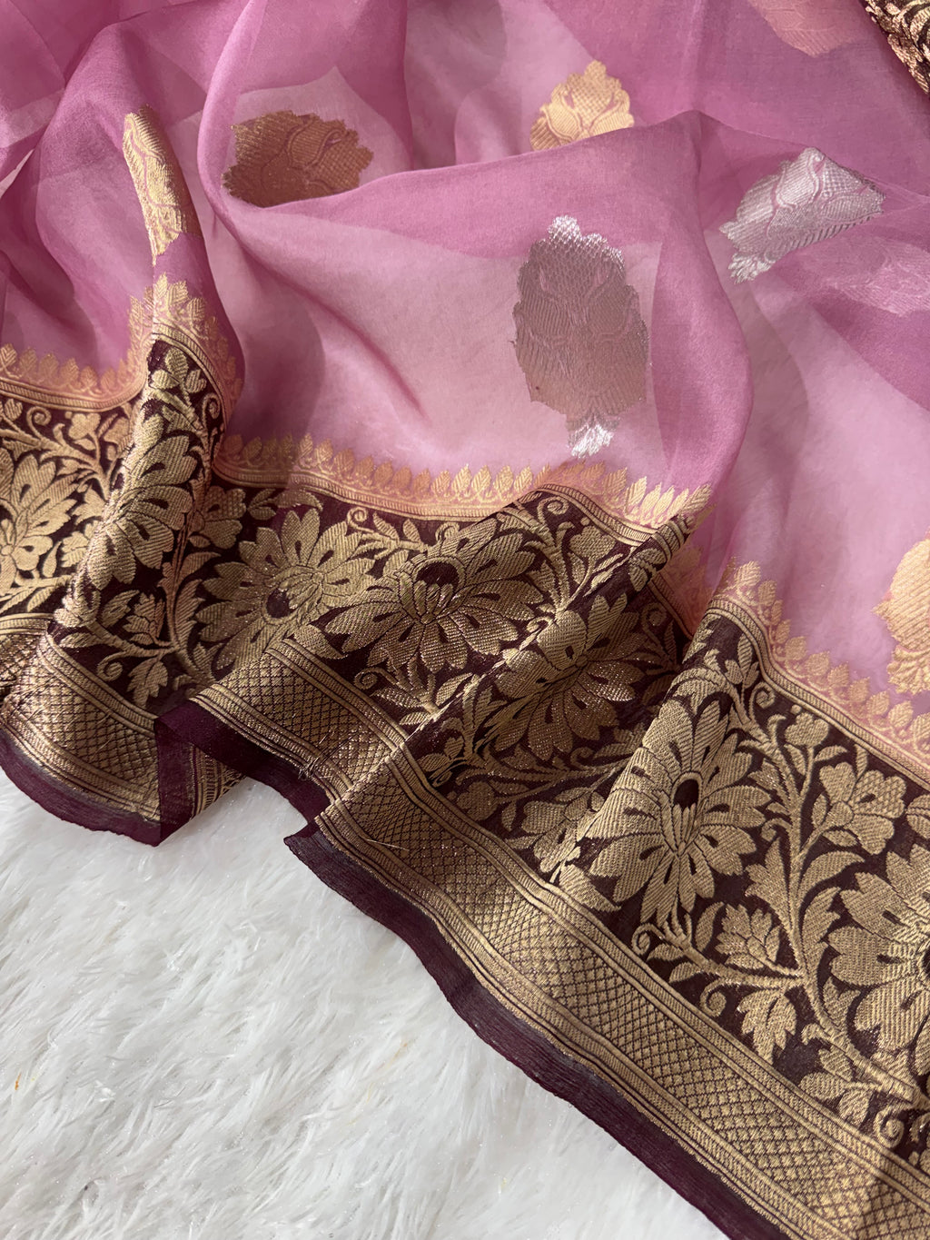 Dusty Rose Pink & Dark Brown Pure Kora Organza Silk Banarasi Saree