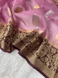 Dusty Rose Pink & Dark Brown Pure Kora Organza Silk Banarasi Saree
