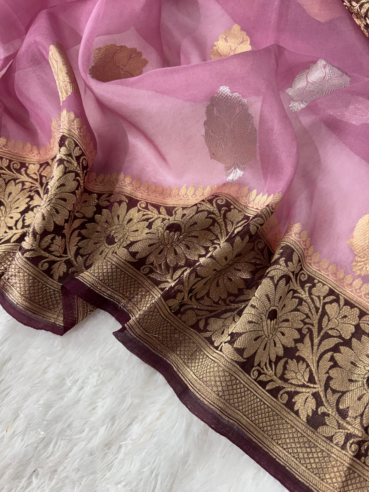Dusty Rose Pink & Dark Brown Pure Kora Organza Silk Banarasi Saree