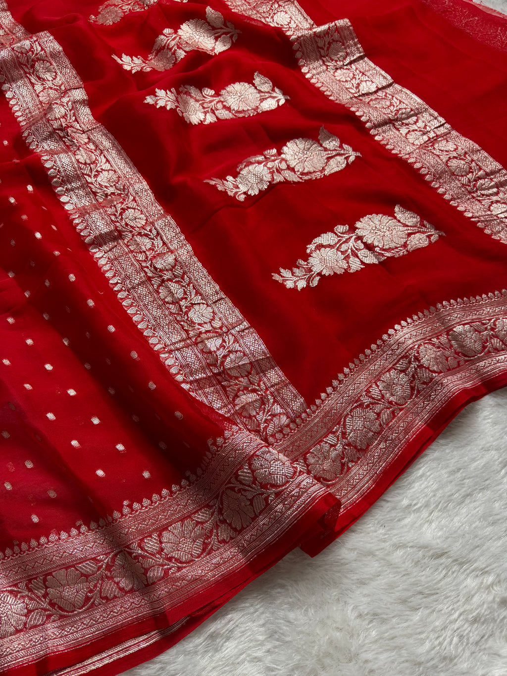 Red Pure Khaddi Chiffon Silk Banarasi Thousand Booti Saree