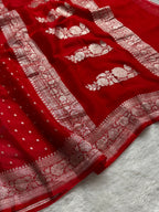 Red Pure Khaddi Chiffon Silk Banarasi Thousand Booti Saree