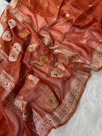 Rust Orange Pure Khaddi Tissue Chiffon Sona & Roopa Meenakari Banarasi Saree