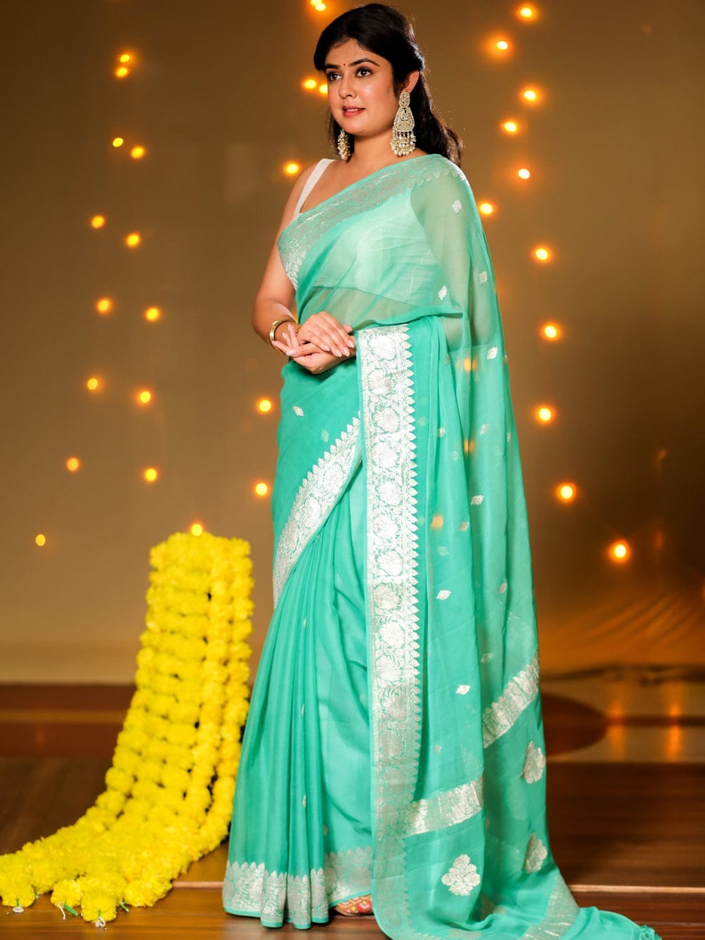 Sea Green Pure Khaddi Chiffon Silk Banarasi Saree