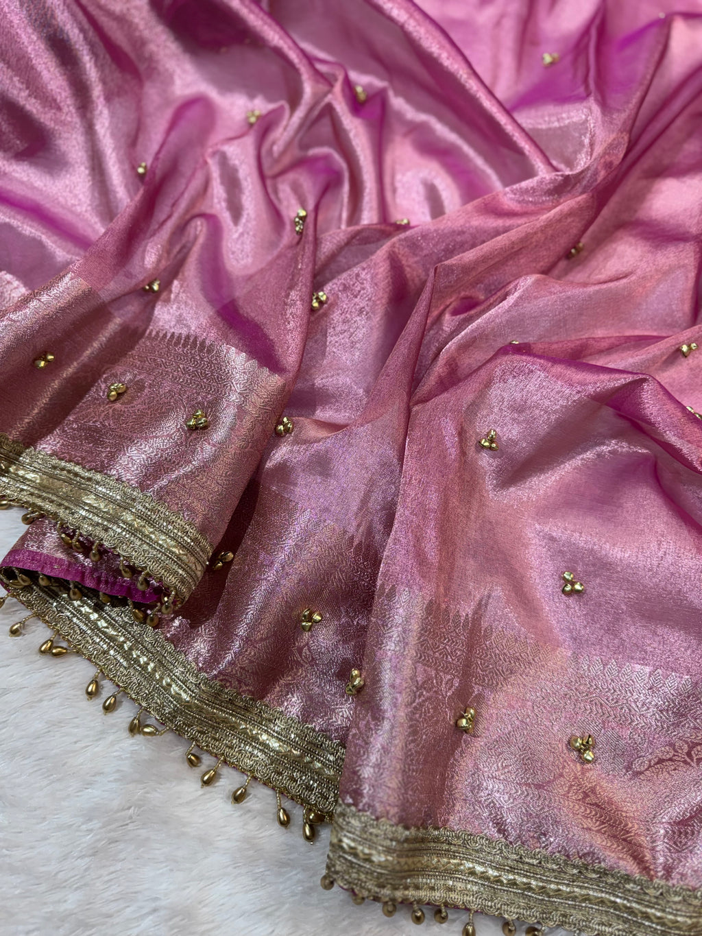Pink Tissue Silk Saree With Golden Ghungroo Butti Work & Luxury Lace Border