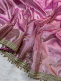 Pink Tissue Silk Saree With Golden Ghungroo Butti Work & Luxury Lace Border
