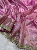 Pink Tissue Silk Saree With Golden Ghungroo Butti Work & Luxury Lace Border