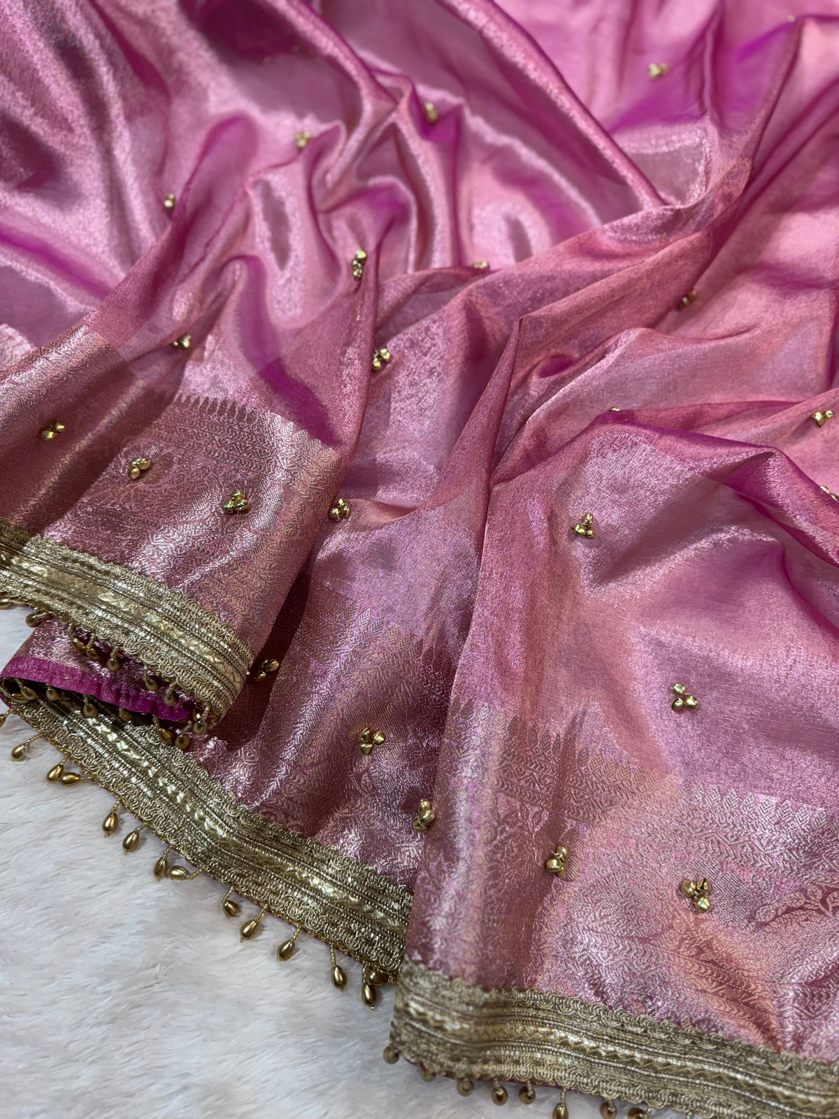 Pink Tissue Silk Saree With Golden Ghungroo Butti Work & Luxury Lace Border