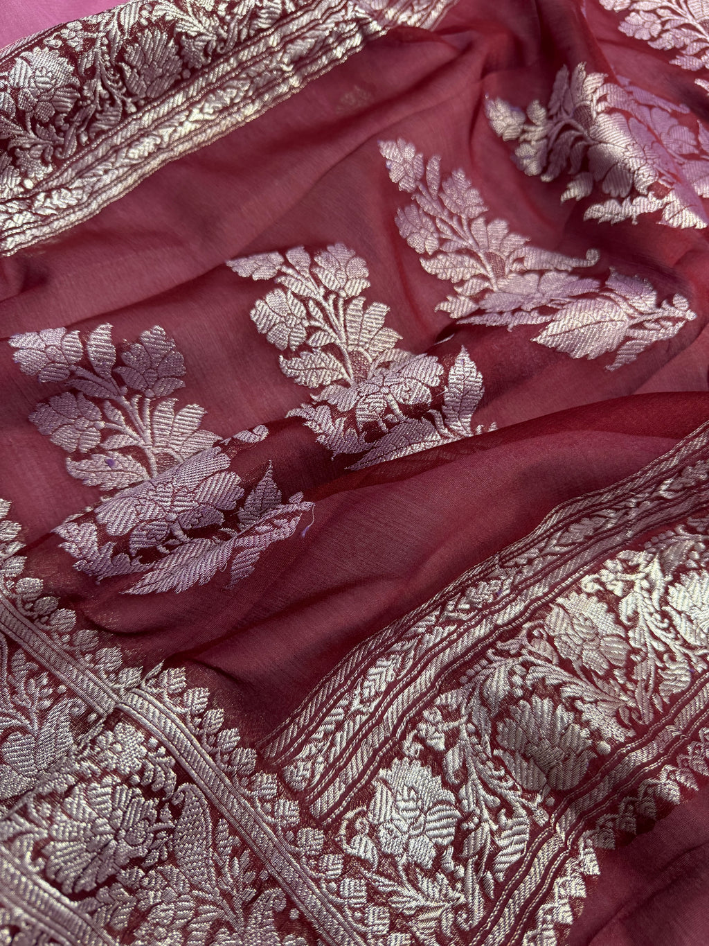 Dusty Rose Pink & Wine Pure Khaddi Chiffon Silk Banarasi Saree
