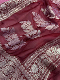 Dusty Rose Pink & Wine Pure Khaddi Chiffon Silk Banarasi Saree