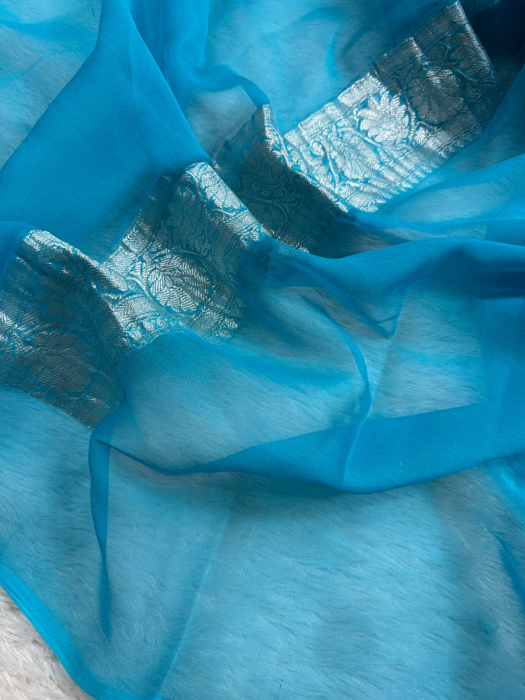 Sky Blue Pure Khaddi Chiffon Silk Banarasi Saree