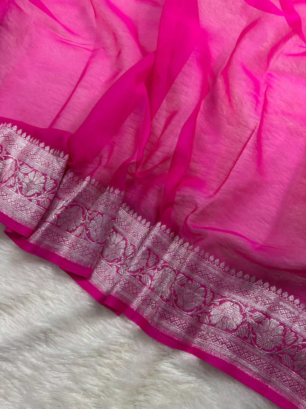 Hot Pink Pure Khaddi Chiffon Silk Banarasi Saree