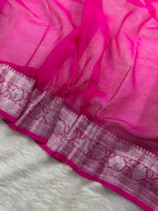 Hot Pink Pure Khaddi Chiffon Silk Banarasi Saree