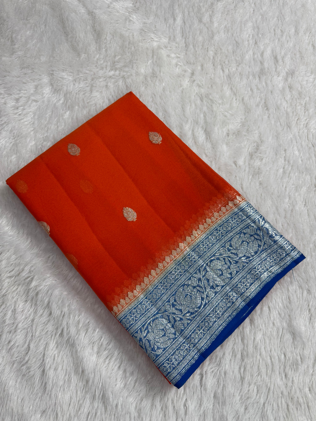 Orange & Peacock Blue Pure Khaddi Chiffon Silk Banarasi Saree