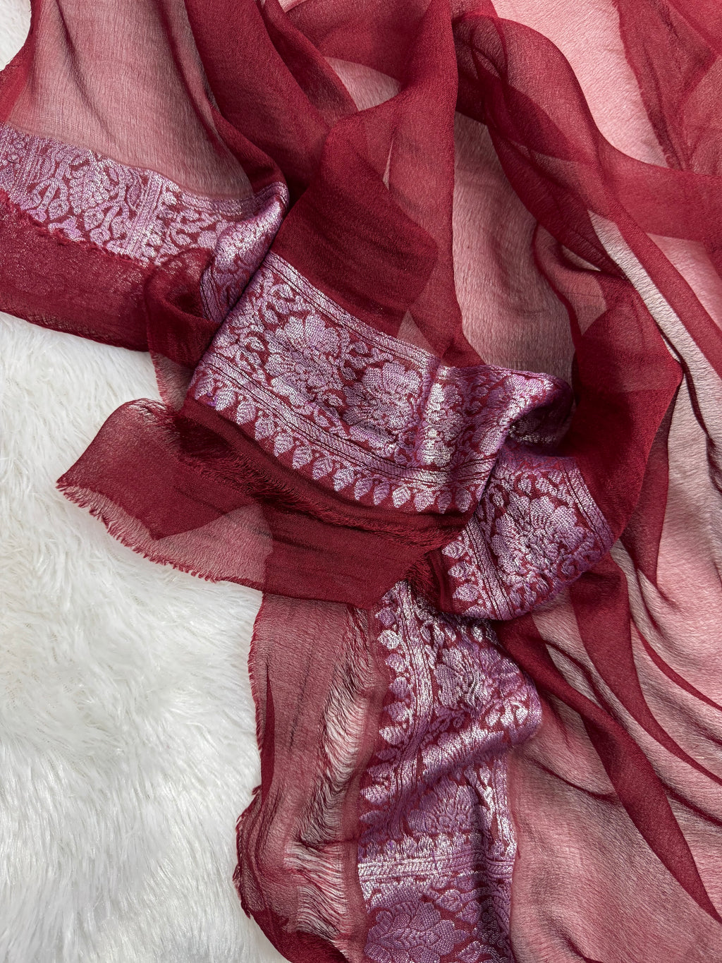 Dusty Rose Pink & Wine Pure Khaddi Chiffon Silk Banarasi Saree