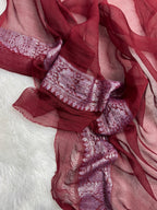 Dusty Rose Pink & Wine Pure Khaddi Chiffon Silk Banarasi Saree
