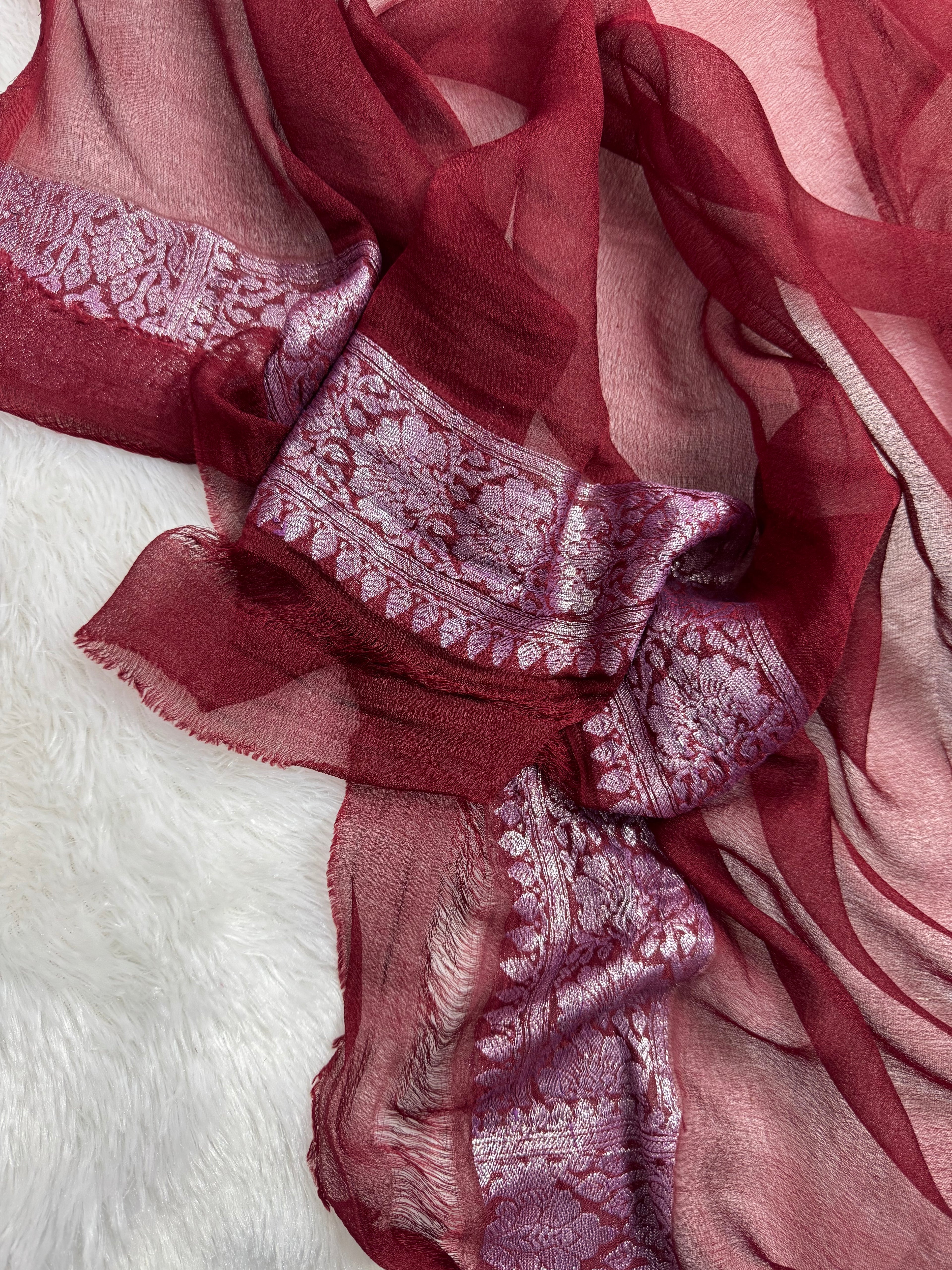 Dusty Rose Pink & Wine Pure Khaddi Chiffon Silk Banarasi Saree