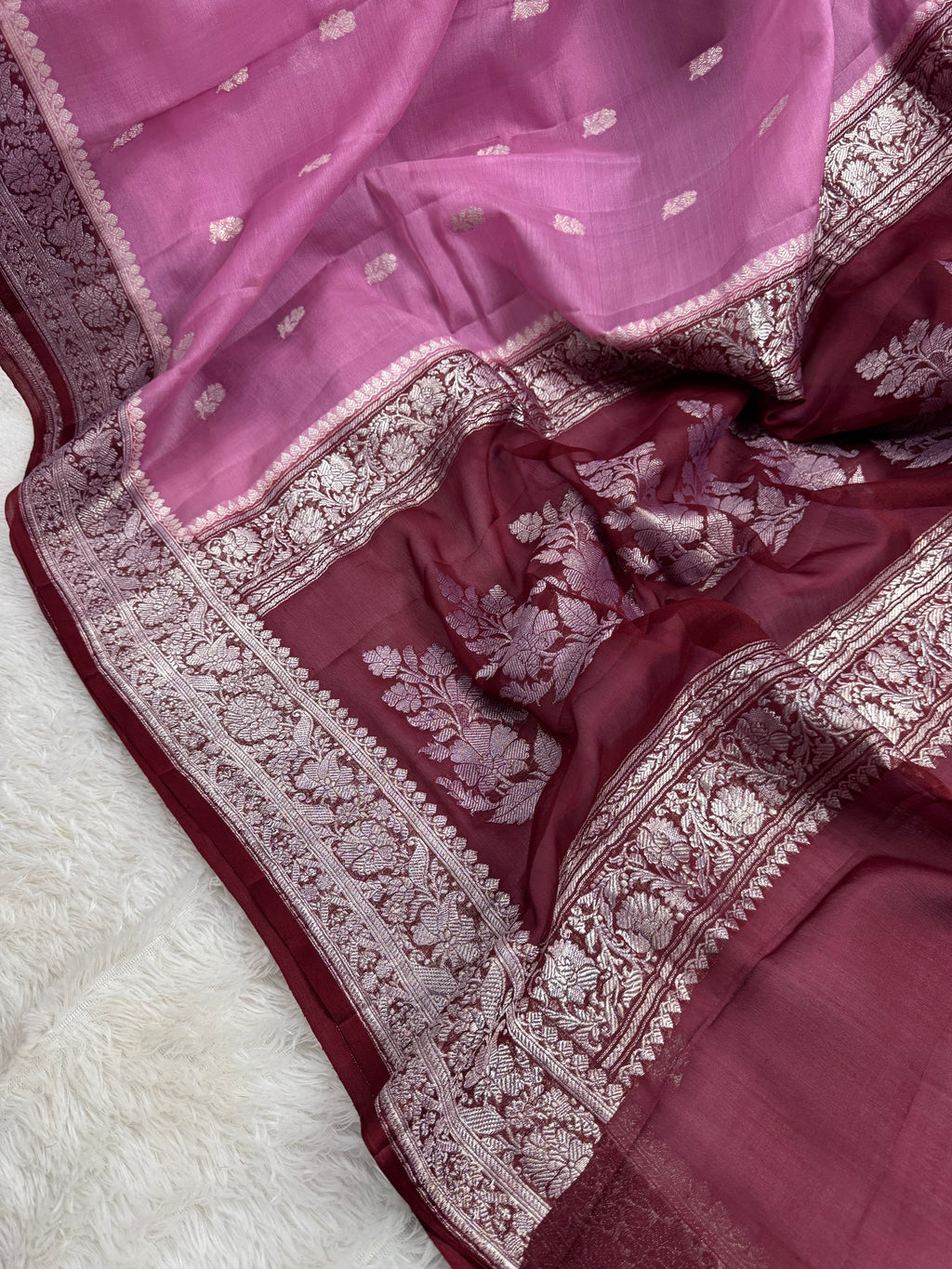 Dusty Rose Pink & Wine Pure Khaddi Chiffon Silk Banarasi Saree