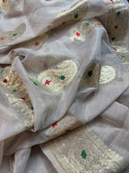Natural Pure Khaddi Tissue Chiffon Water & Roopa Zari Meenakari Banarasi Saree