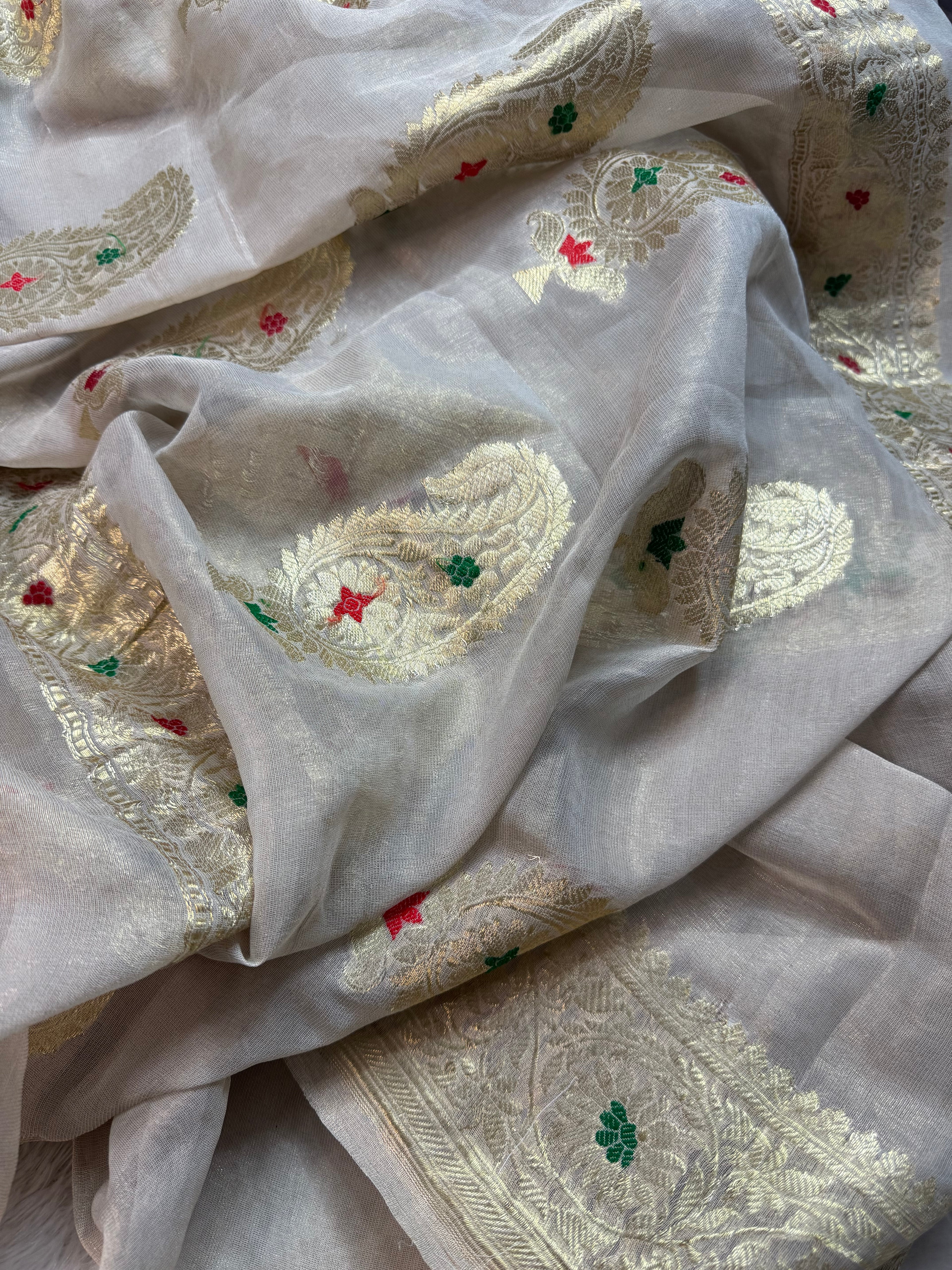Natural Pure Khaddi Tissue Chiffon Water & Roopa Zari Meenakari Banarasi Saree
