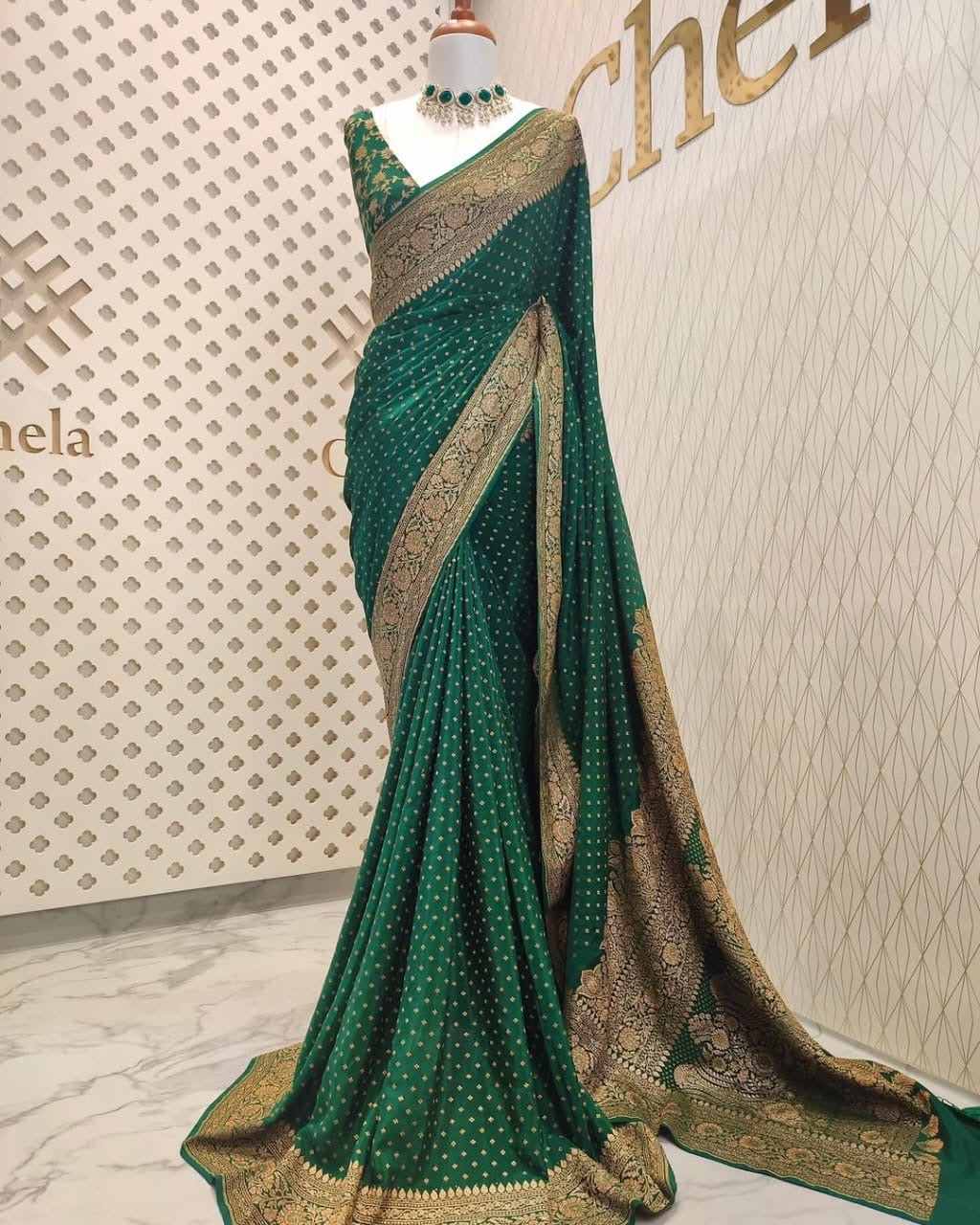 Bottle Green Pure Khaddi Crep Silk Banarasi Saree