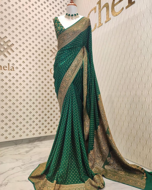 Bottle Green Pure Khaddi Crep Silk Banarasi Saree