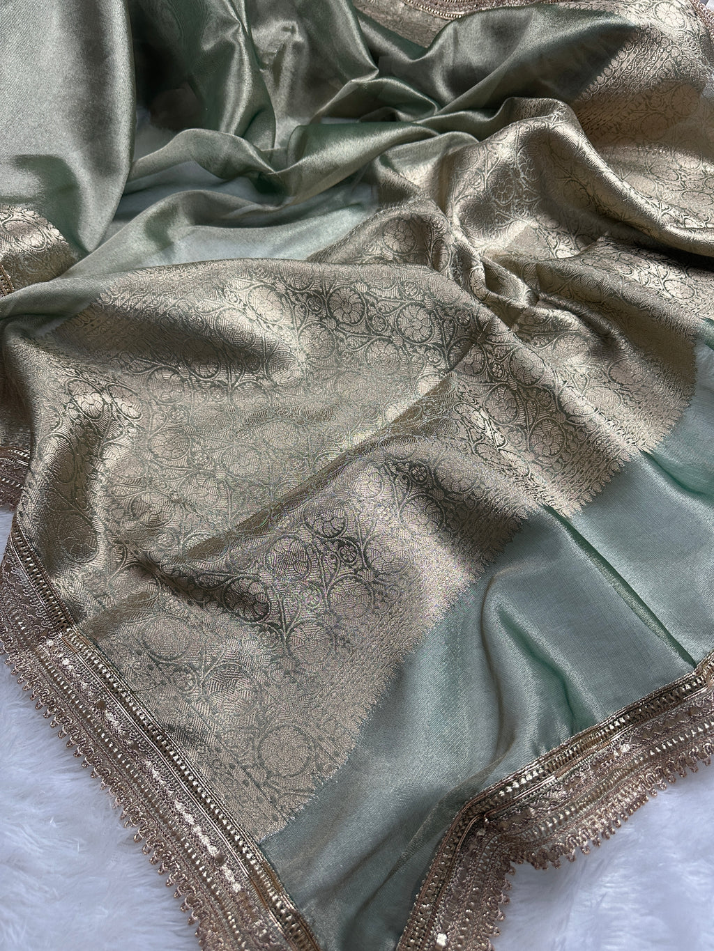 Grey Beautiful Lace Border Tissue Silk Banarasi Saree