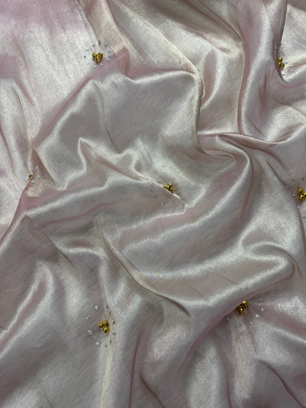 Rose Pink Tissue Silk Saree With Ghungroo & Mirror Work Designer Border Lace Saree