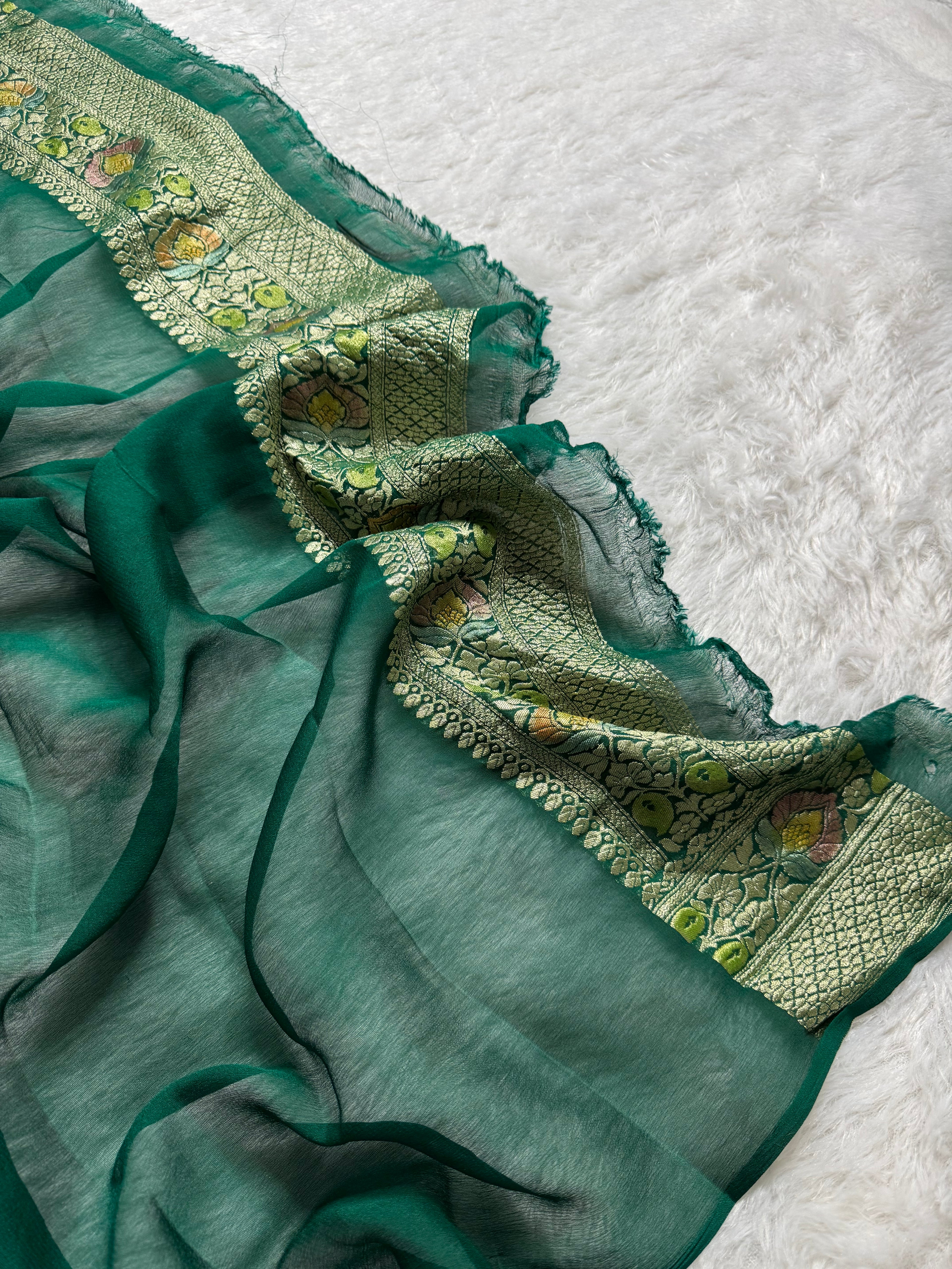 Bottle Green Handbrush Meenakari Pure Khaddi Georgette Silk Banarasi Saree