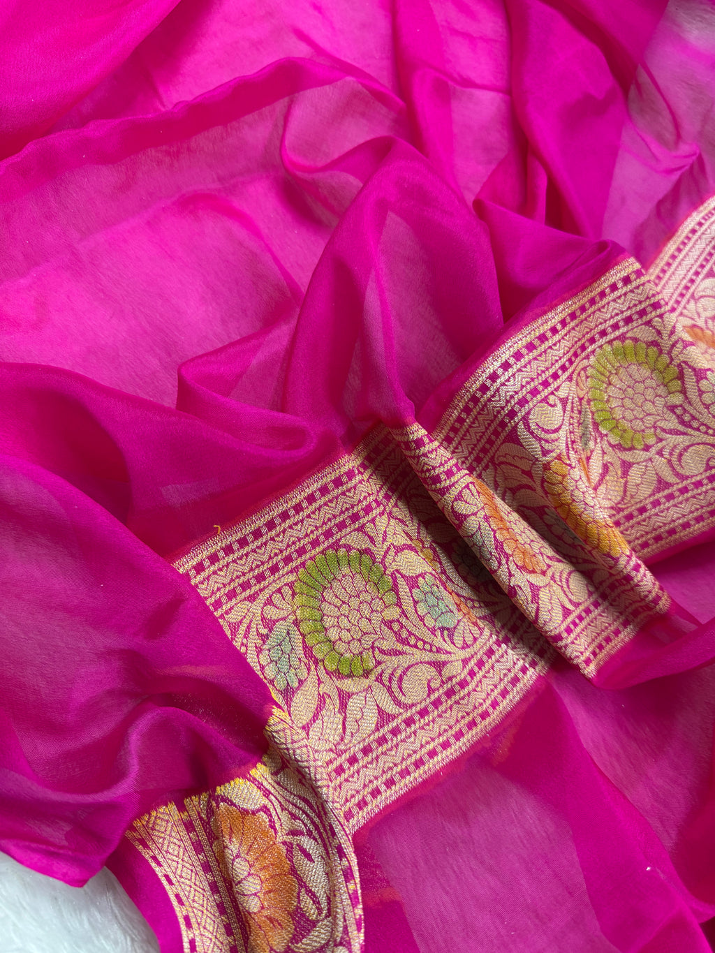 Rani Pink Handbrush Meenakari Pure Chiffon Silk Banarasi Saree